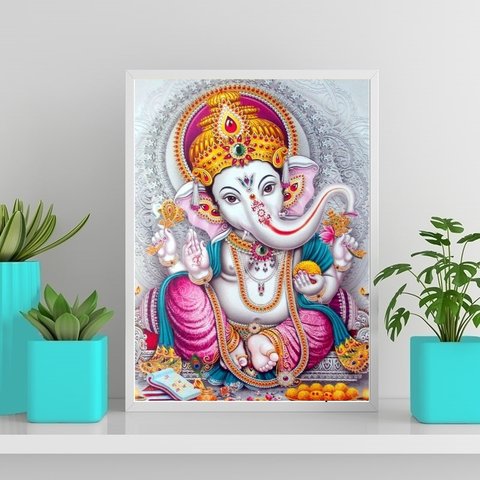 Quadro Elefante Ganesha Baby 24x18cm - com Vidro:madeira Branca