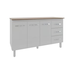 Balcão Gabinete Armário Cozinha Carine Branco com Tampo Tampão 140 Cm Mobília Decor Savana