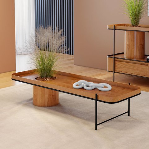 Mesa de Centro Orgânica Cachepot em Madeira Maciça Mel Estrutura Metálica Preto