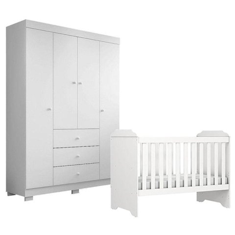 Berço Americano Mini Cama Mel com Guarda Roupa Duda 4 Portas Branco Brilho - Phoenix Baby