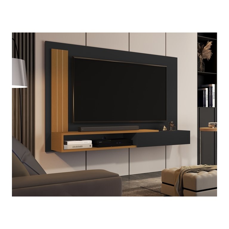 Painel até 55 Polegadas com Porta Mateus Cor Preto / Nature - Comprar Moveis em Casa
