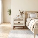 Ver imagem 1 de Mesa de Cabeceira 2 Gavetas Santorini MDF Off White 60cm com Pés em Madeira Maciça