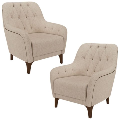 Kit 2 Poltronas Decorativas Pés em Madeira Petra Linho Cru