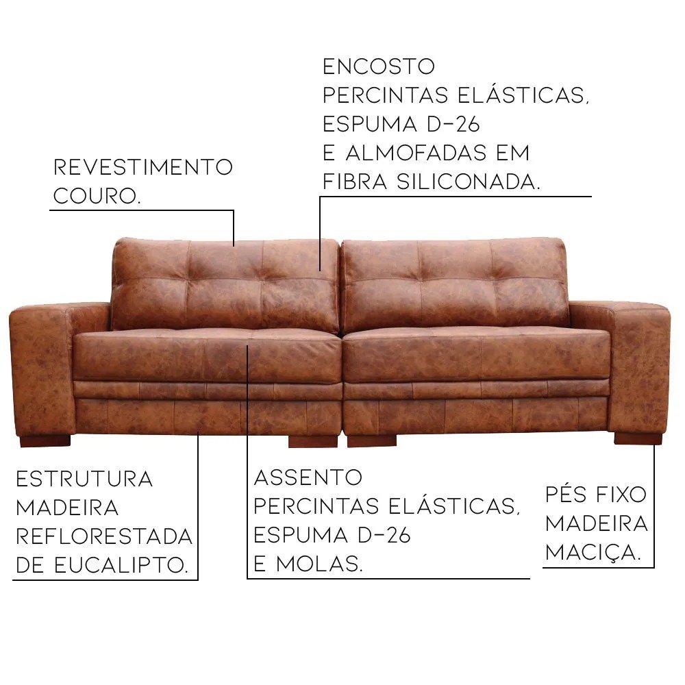 Sofá Decorativo Monblanc 04 Lugares Bipartido Couro Mel 280cm Pés de Madeira-touro e Cia Monblanc Me - 5