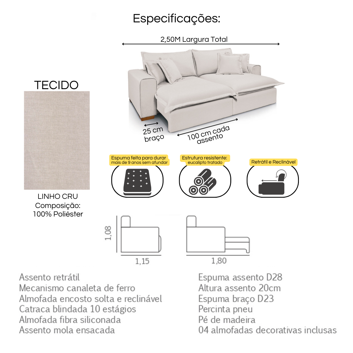 Sofá Retrátil Reclinável Verona com Molas Ensacadas no Assento Tecido Linho Cru 2,50m - 5