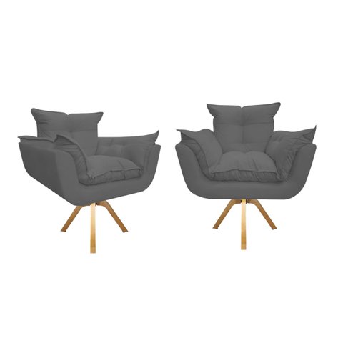 Kit 2 Poltronas Decorativa Opala Base Giratória Suede Cinza Ms Decor