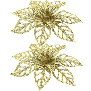 Kit 8 Flores Gliter Douradas Decoração Árvore de Natal 14cm