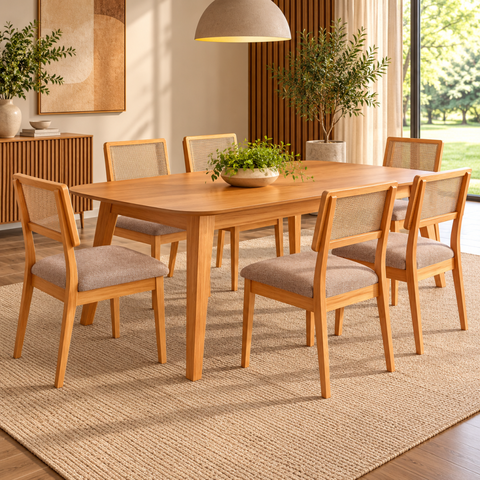Kit Conjunto Sala de Jantar Mesa Retrô Retangular 180 cm 6 Cadeiras Estofadas MDF Carvalho Rose/Taup