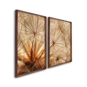Quadro Decorativo Dente de Leão Marrom com 2 Telas de Parede para Sala Quarto Escritório 60cm X 90cm Com Vidro