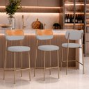 Ver imagem 1 de Kit 3 Banquetas Alta Sala de Jantar Lisa Pés Champanhe Linho/PU Cinza/Caramelo m² - Monari Design