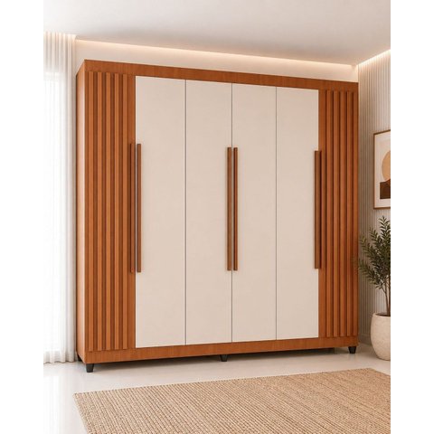 Guarda-Roupa 6 Portas 2 Gavetas Ripado Apolo 200x183cm Freijo e Branco