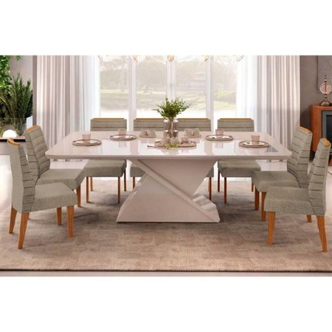 Conjunto: Mesa Sala Jantar Zafira c/ Tampo Madeirado c/ Vidro Curvo 200x100cm e 8 Cadeiras Ondina