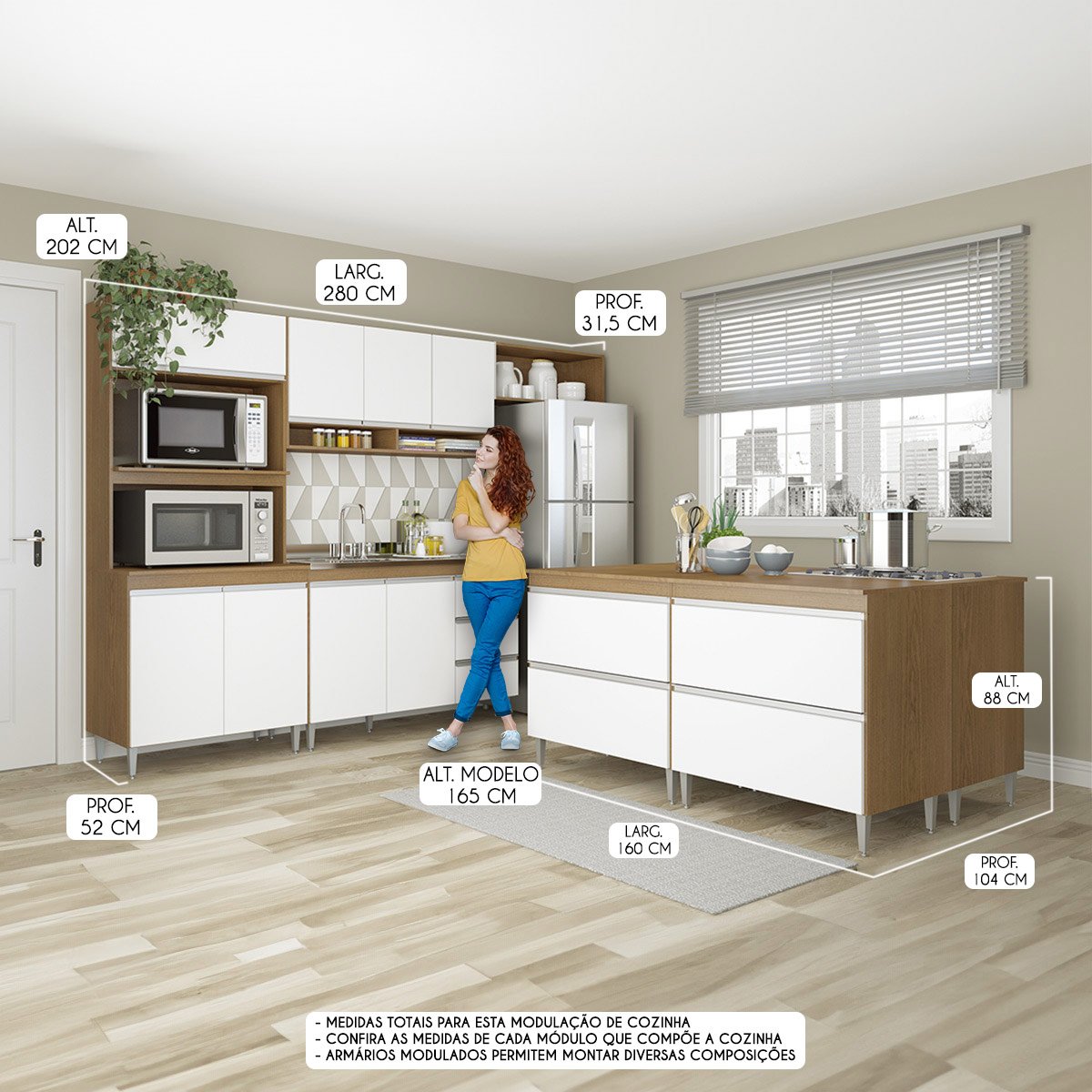 Cozinha Modulada 280cm com Balcão Ilha Grande 8 Peças Branco - 2