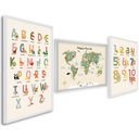 Ver imagem 2 de Quadro Decorativo Infantil Conjunto Didático Alfabeto e Mapa Mundi com 3 Telas 60x90cm para Quarto Com Vidro