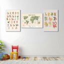Ver imagem 1 de Quadro Decorativo Infantil Conjunto Didático Alfabeto e Mapa Mundi com 3 Telas 60x90cm para Quarto Com Vidro