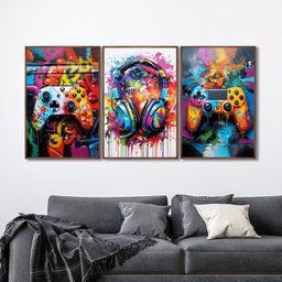 Quadro Decorativo Vídeo Game Modelo Gamer com 3 Telas de Parede para Sala Quarto Escritório 60cm X 9 Com Vidro - 1