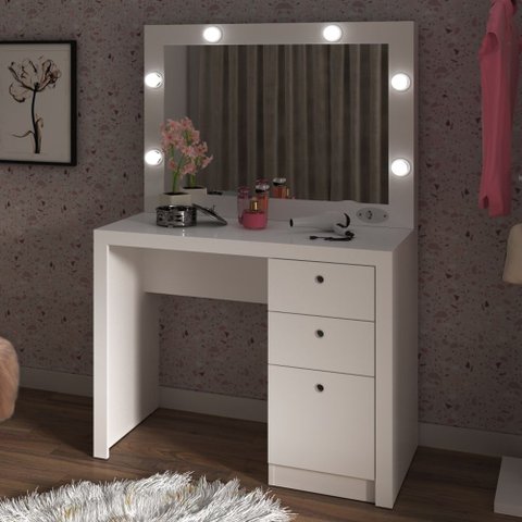 Penteadeira Camarim 3 Gavetas Beauty com Espelho e Bocais para Lâmpada Branco - Panorama Móveis