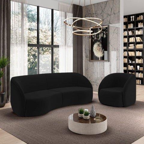 Conjunto Sofá Sala de Estar Bipartido 288cm e Poltrona Clarke Veludo Preto G45 - Gran Belo
