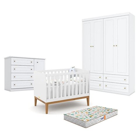 Quarto de Bebê Americano 4 Portas Com berço Americano Unique Branco Soft Eco Wood - Matic - Henn e C