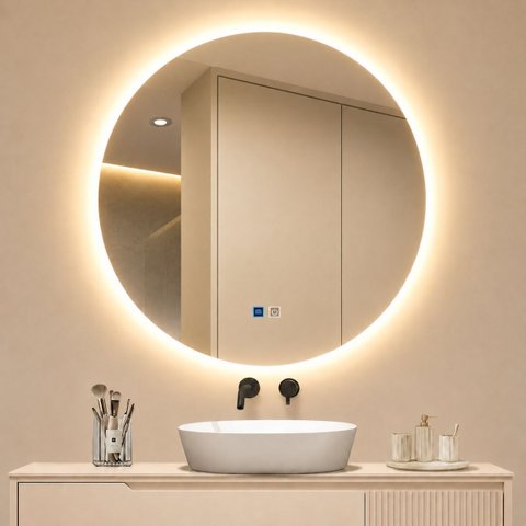 Espelho LED Redondo Touch 3 Cores de Luz com Desembaçador e Display Digital 80x80cm Bivolts