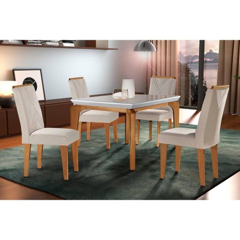 Conjunto: Mesa Sala Jantar Londrina C/ Tampo Madeirado C/ Vidro Canto Curvo 120x80cm e 4 Cadeiras