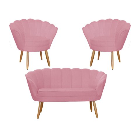 Kit Namoradeira + 2 Poltronas Decorativa Pétala Suede Rosa Pés Madeira Ms Decor