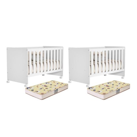 Kit Gêmeos Berço Americano Tico Branco Brilho com Colchões Supreme - Reller Móveis