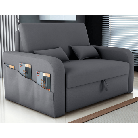 Sofá-Cama Lyon com Baú em Veludo Cinza 140x180cm 1 Lugar com Bolsos e Abertura Frontal