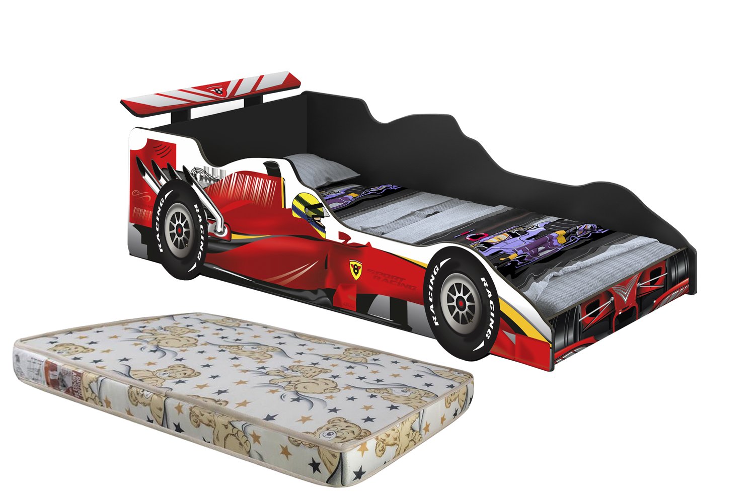 Mini Cama Carro Infantil Adesivada Fórmula 1 C/ Colchão Incluso - LV MOVEIS:VERMELHO