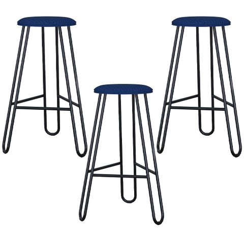 Kit 03 Banquetas Baixa Bar Cozinha Sala de Jantar Áris C01 Preto Linho Azul Jeans - Lyam Decor