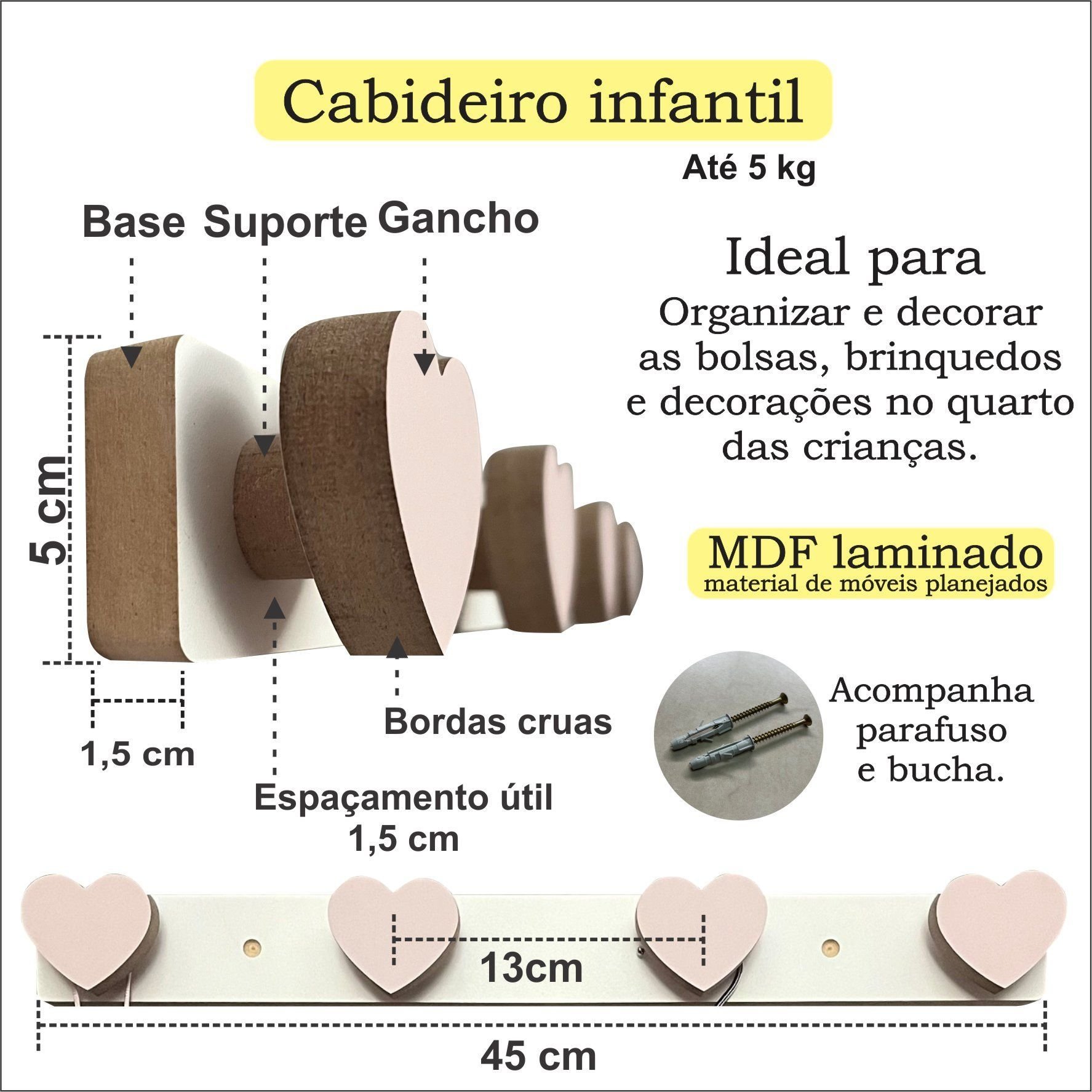 2 Cabideiros Parede Decoração Laço e Coração Cabide 2claca:branco - 4