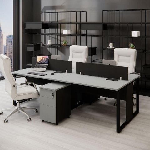 Mesa Dupla para Escritório Linha Corporativa Alto Padrão 6 Gavetas 240cm Cinza Sagrado com Preto