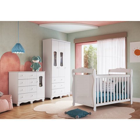 Quarto de Bebê Berço 3 em 1, Guarda-Roupa e Cômoda com Janelas 100% MDF Aurora Espresso Móveis Branco/Brilho