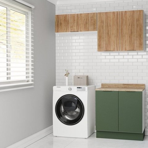 Lavanderia Modulada 3 Peças 2 Armários Aéreos 4 Portas 1 Balcão Ipanema CabeCasa MadeiraOriginals Verde/Folha/Acácia