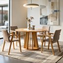 Ver imagem 1 de Conjunto Sala de Jantar 4 Lugares Redonda com Prato Giratório Mesa e Cadeira Flora Marrom/Cinamomo/Off White/Linho Bege