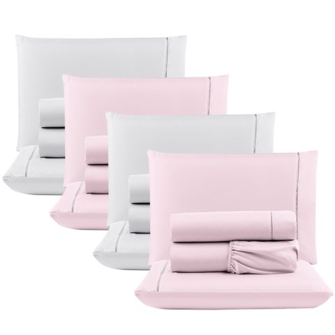 Kit C/ 4 Jogos Cama Lençol Unique Casal Padrão Micro Percal 400 Fios Ponto Palito 4 Peças - Rosa + B