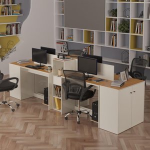 Estação de Trabalho 4 Lugares Office Smart 4 Mesas 2 Armários 2 Aparador - Off White e Cedro