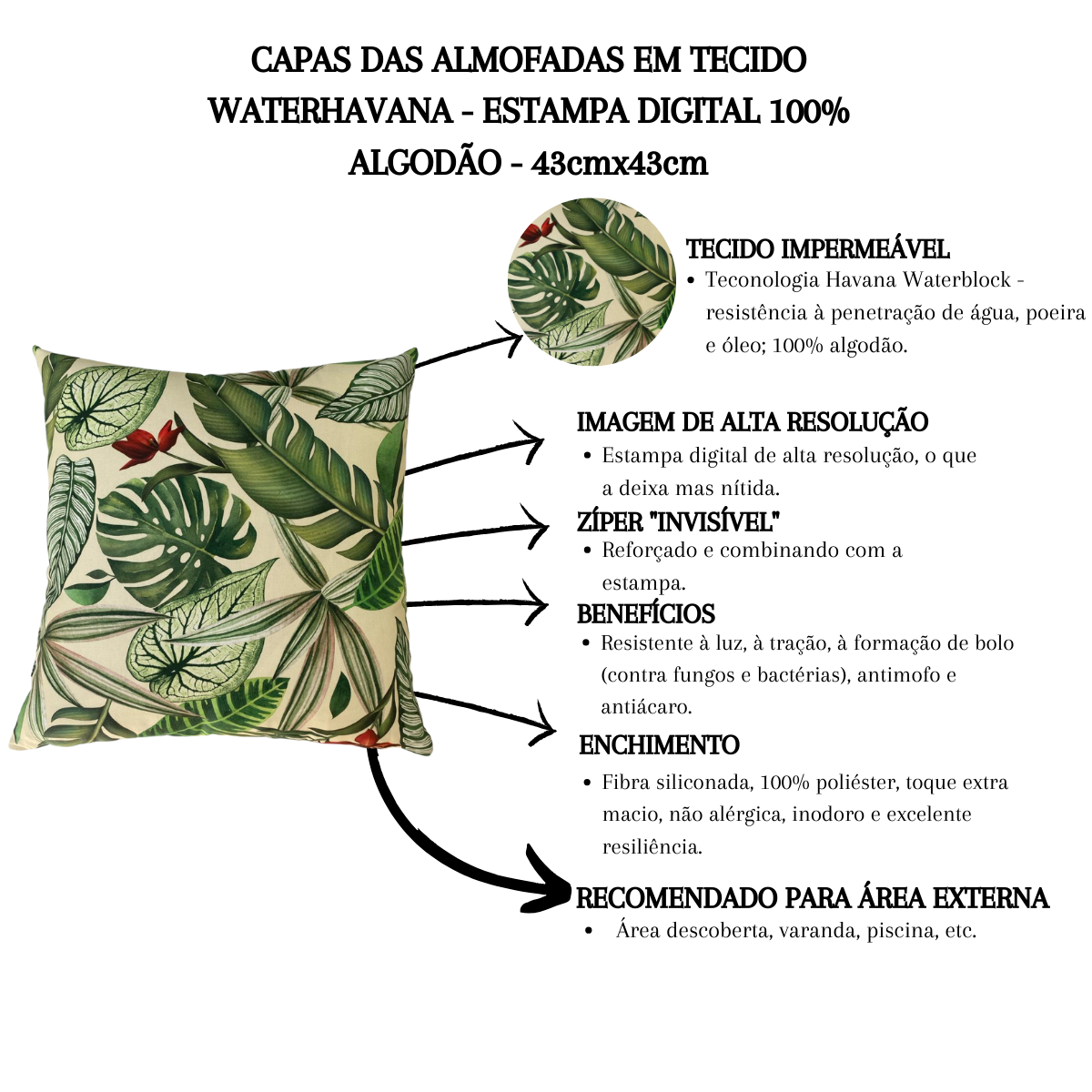 Kit 3 Almofadas Cheias Waterhavana Impermeável Área Externa Folhas Verdes 43cmx43cm - 2