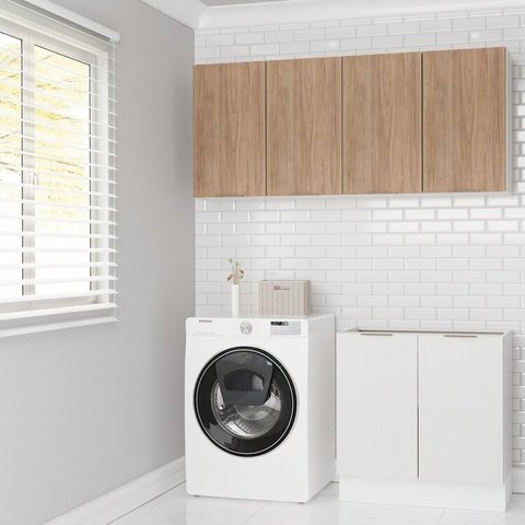 Conjunto Lavanderia Planejado 3 Peças sem Tampo com Rodapé Ipanema CabeCasa MadeiraOriginals Marrom/Branco/Acácia