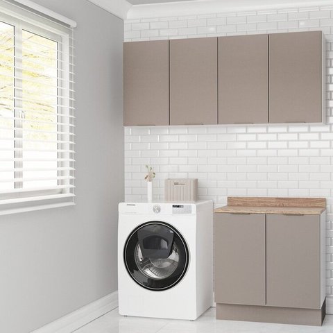 Lavanderia Planejada 3 Peças 2 Armários Aéreos 1 Balcão 2 Portas Ipanema CabeCasa MadeiraOriginals Marrom/Fendi Trama
