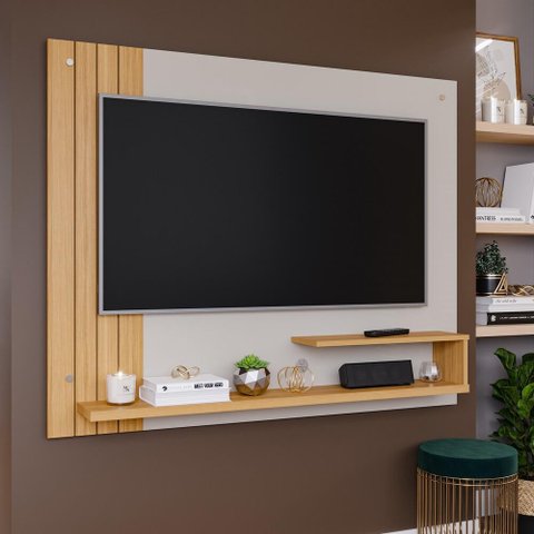 Painel Para TV Sala Quarto 50 Polegadas 135cm Branco Off White Nature Com Prateleiras Home Dunas