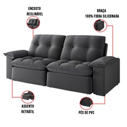 Sofá 4 Lugares Retrátil Bolívia 270 cm Veludo Grafite Pés Tabaco - D'Rossi DRossi - 5 Sofá 4 Lugares Retrátil Bolívia 270 cm Veludo Grafite Pés Tabaco - D'Rossi DRossi - 5