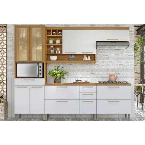 Cozinha Completa 5 Peças Burguesa Premium 2 Aéreos 2 Balcões 1 Paneleiro C6p56 Freijó Off White