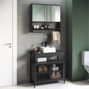 Gabinete de Banheiro Industrial de Chão 80cm P1038 com Cuba Sobrepor e Espelheira