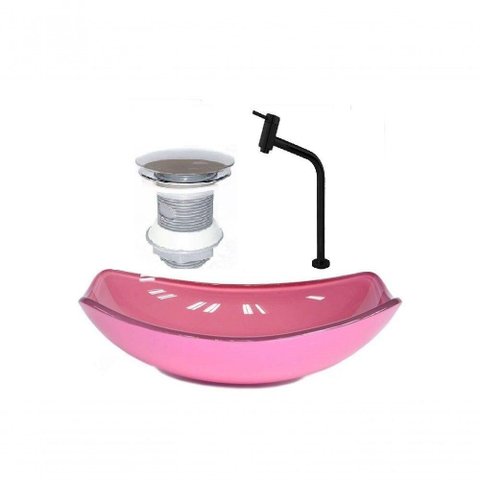 Cuba de Vidro Oval 51cm Rosa + Valvula + Torneira Preta