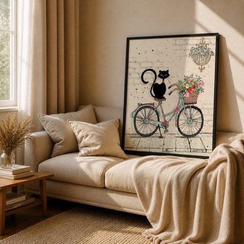 Quadro Canvas Gato Bike Retro 60x40cm Mold Branca