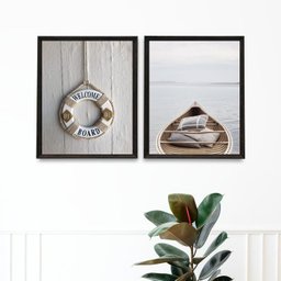 Kit 2 Quadros Nauticos Praia - Welcome 45x34cm - com Vidro:madeira Branca - 1