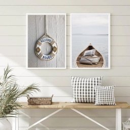 Kit 2 Quadros Nauticos Praia - Welcome 45x34cm - com Vidro:madeira Branca - 2