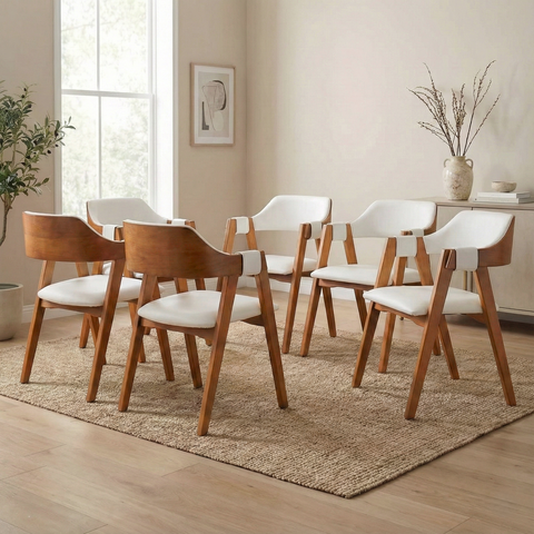 Kit 6 Cadeiras de Jantar Estofadas em Madeira Maciça e Corino Dalia