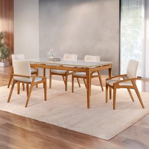Conjunto de Mesa Merlin 1,80m e 6 Cadeiras Galé - Madeira Tauari Tampo em Laca - Távoli Decor